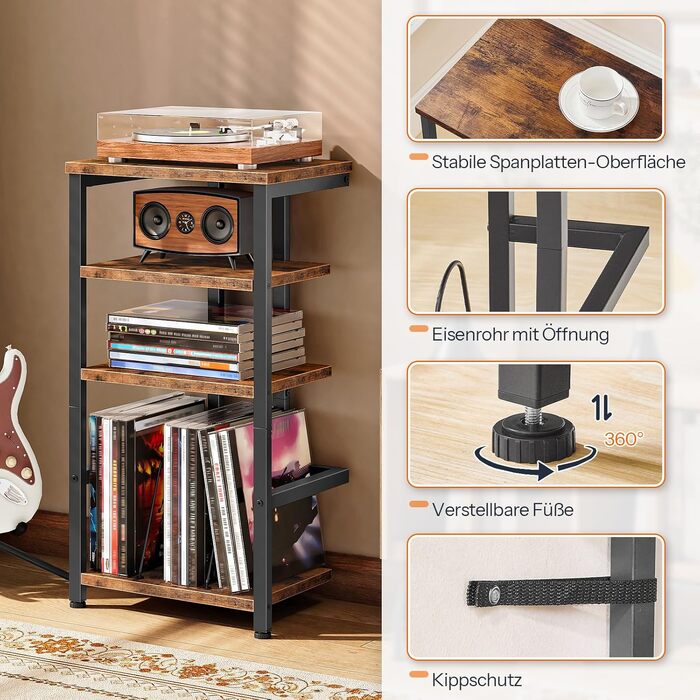 HOOBRO HiFi-тумба з 4 полицями для вінілу та аудіотехніки, вінтажний стиль, чорний/коричневий EBF42CJ01