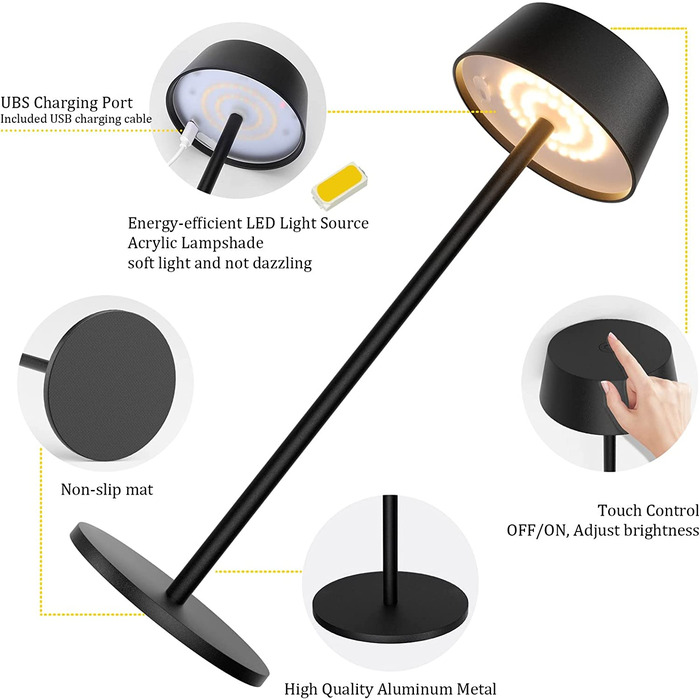 LED акумуляторна настільна лампа Klighten, димована, металева, бездротова, сенсорне керування, IP54, водонепроникна, портативна, для дому та вулиці, 3000K-6000K, USB-C, чорна, 2 шт.