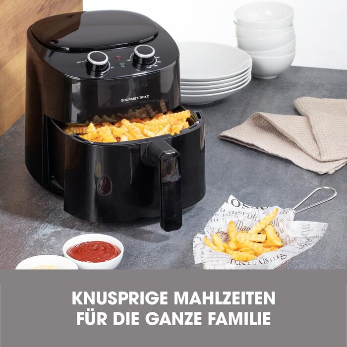 Аерофритюрниця GOURMETmaxx 4,5 л, 1400 Вт, 8 програм, LCD-дисплей, таймер, сталева, чорна – електрична фритюрниця для здорового приготування без олії