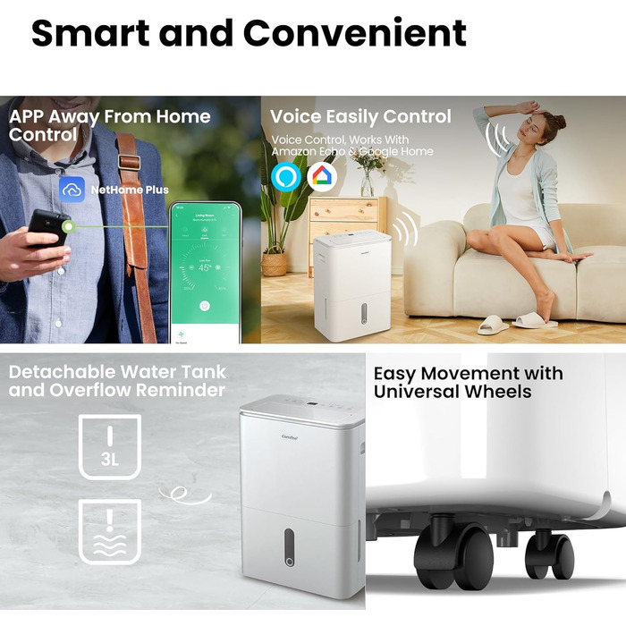Осушувач повітря COMFEE Easy Dry 16 л/день з іонізатором, 4 режими, резервуар 3 л, для кімнат до 32 м², функція сушки білизни, підключення зволожувача, swing-функція