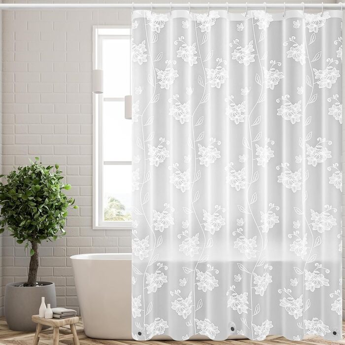 Прозора шторка для ванної Whoiy 180x200 см, EVA, водонепроникна, антибактеріальна, з білими квітами