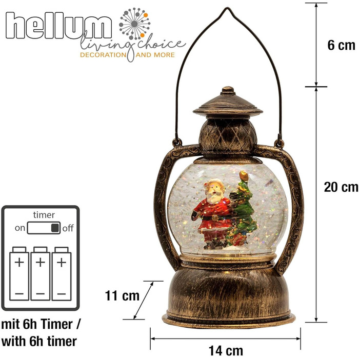 LED ліхтар Hellum у вигляді сніжної кулі на Новий рік, 14x20 см, з підсвіткою, на батарейках, для прикраси ялинки та дому