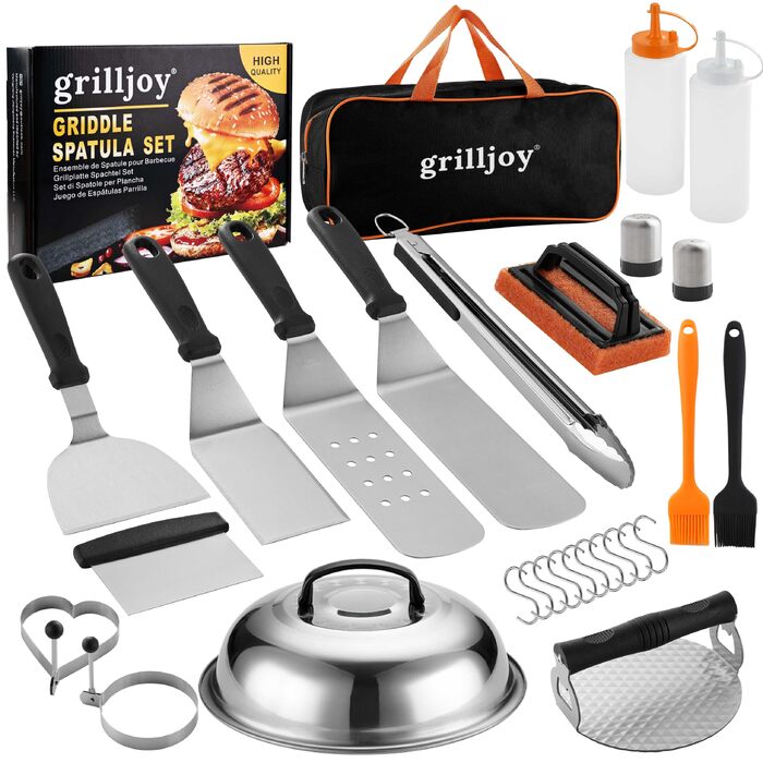 Набір аксесуарів для гриля та планчі Grilljoy з нержавіючої сталі, 28 предметів, для бургерів та барбекю (Помаранчевий)