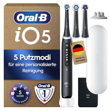 Електрична зубна щітка Oral-B iO Series 5, Matt Black (чорна) — комплект: 1 щітка, 3 смінні насадки, білий футляр та чорна сумка