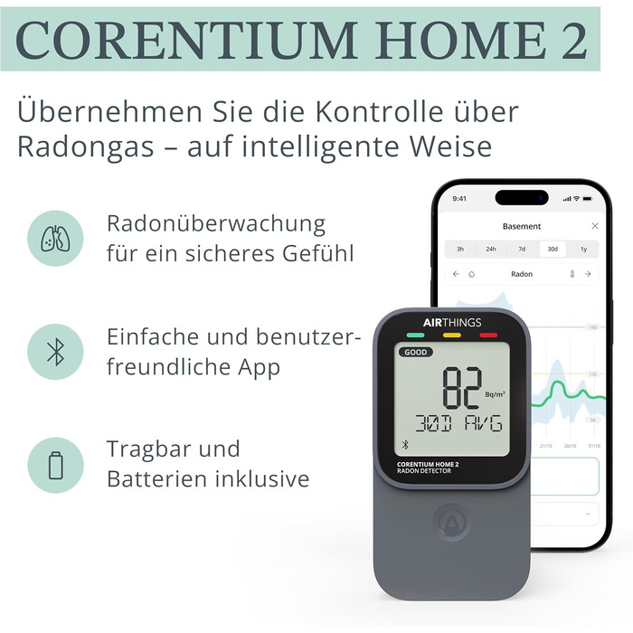 Airthings 325 Corentium Home 2: Радіометр радону з Bluetooth, датчики вологості та температури, портативний