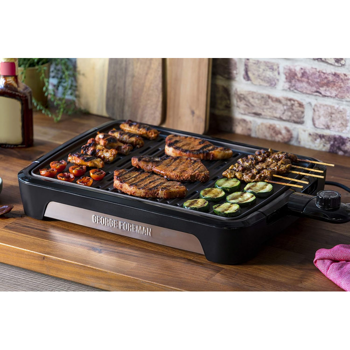 Електричний гриль George Foreman Smokeless для дому, бездимний, антипригарний, з піддоном для жиру, регулятором температури, вертикальне зберігання, модель 25850-56