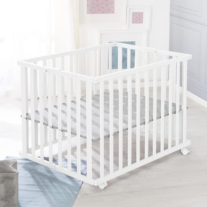 Дитячий манеж roba складаний, білий, дерево, з матрацом Little Stars, 74x100 см, компактний, на колесах