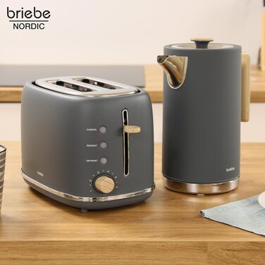 Тостер Briebe Nordic Set 2-слотовий з підставкою для булочок, 6 рівнів підсмажування + Електричний чайник 1.7л 2200Вт, Швидке нагрівання, BPA-free, Сірий