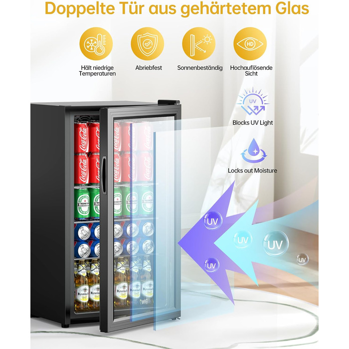 Міні-холодильник для напоїв WIE на 86 літрів з glass-дверима, LED-підсвіткою та низьким рівнем шуму, чорний (на 68 бляшанок) — для офісу, бару та кімнати