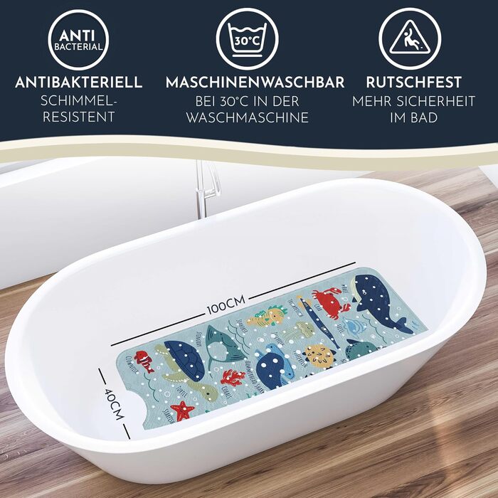 Дитячий килимок для ванни Homerella, антиковзкий, 100% BPA Free, 100x40 см, гачки для підвішування, для чутливої шкіри, протигрибковий, миється, світло-блакитний, Underwater Abc