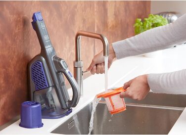 Акумуляторний ручний пилосос BLACK+DECKER 18В 36Вт Dustbuster з технологією smarttech, циклонною системою, висувною щілинною насадкою, щіткою для шерсті тварин, настінною зарядною станцією, титан/срібло/фіолетовий
