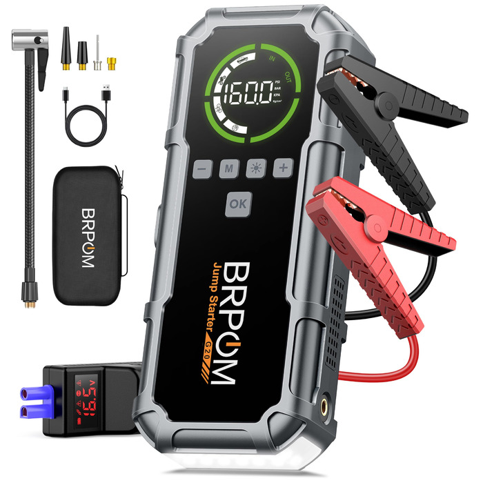 Powerbank Starthilfe BRPOM для автомобіля з компресором 160PSI, 8000A, 26800mAh, для бензинових та дизельних двигунів (12.0L), стартер, LED-ліхтар 600LUM, сріблясто-сірий