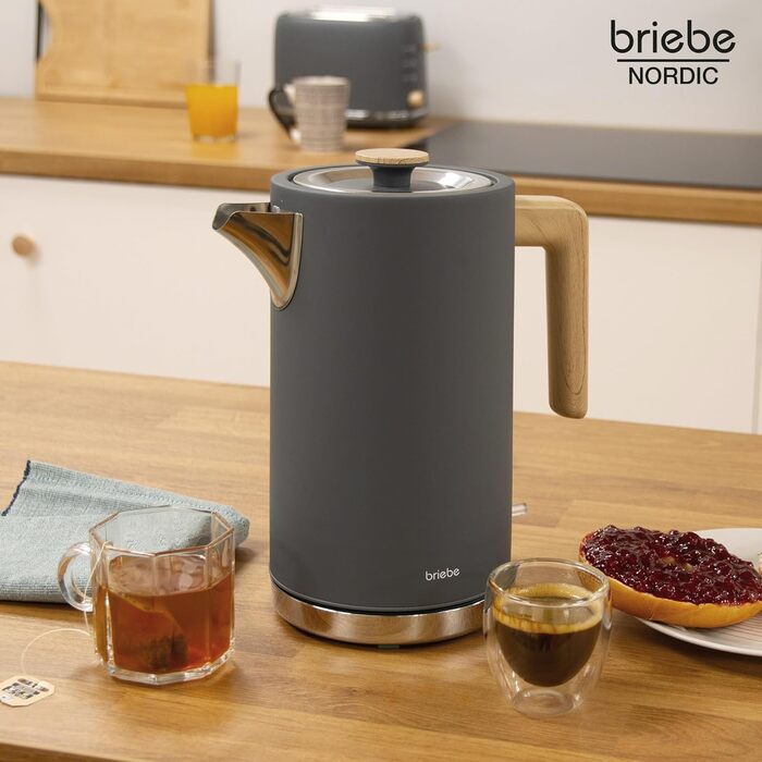 Тостер Briebe Nordic Set 2-слотовий з підставкою для булочок, 6 рівнів підсмажування + Електричний чайник 1.7л 2200Вт, Швидке нагрівання, BPA-free, Сірий
