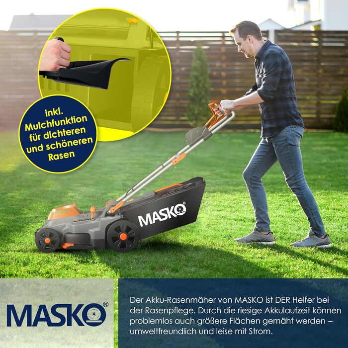 Акумуляторний газонокосарка MASKO з функцією мульчування, 2 акумулятори Li-Ion 4Ah, подвійний зарядний пристрій, триммер, ширина зрізу 37 см, 6 положень висоти, кошик 40 л, площа до 600 м², в комплекті рукавички та щітка, чорний/помаранчевий