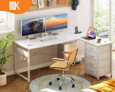 Письмовий стіл ODK білий L-подібний з 4 шухлядами, розетками та USB, кутовий комп'ютерний стіл для домашнього офісу та геймінгу, 135×100 см