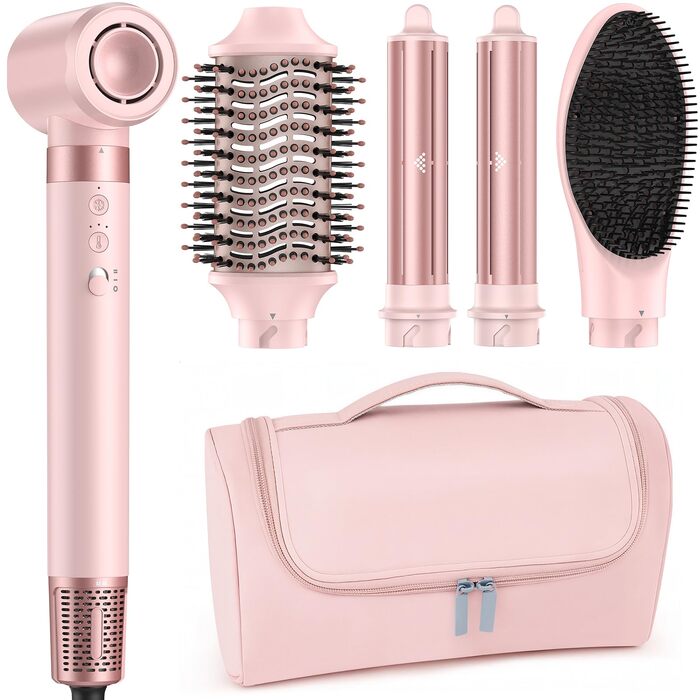 MESCOMB 5-в-1 Airstyler та Hairstyler: Фен-щітка з іонізацією, автоматичний завивач та щітка для об'єму - Швидке сушіння, укладка для локонів, об'єму та вирівнювання без пошкоджень. Легкий, рожевий.