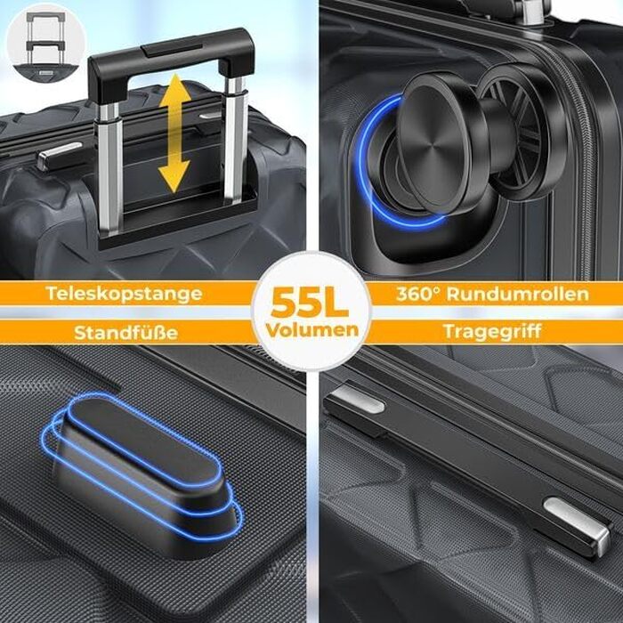 Валіза для подорожей KESSER® 55 см, 55л, ABS пластик, жорстка оболонка, колір Charcoal (вугільний) з кодовим замком, вагами для багажу та гаманцем, 360° колеса, телескопічна ручка