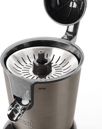 Електрична цитрусова соковижималка BLACK+DECKER BXCJ350E, 350 Вт, професійний мотор, нержавіюча сталь, регулювання м'якоті, 2 насадки, 650 мл