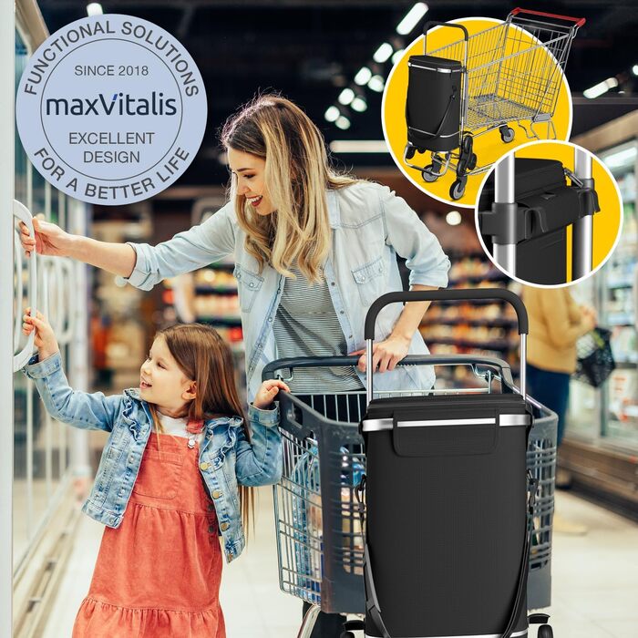 Сумка-візок maxVitalis для покупок, трьохколісний для сходів, з великим термовідділенням, складний, знімна сумка 43 л, чорний