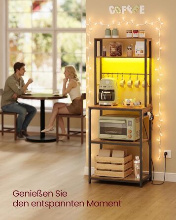 Кухонний стелаж VASAGLE з LED-підсвіткою та розетками, полиця для мікрохвильовки з регульованими рівнями та 8 гачками, 40 x 80 x 168,4 см, колір золотий дуб та білий (KKS050YA01)