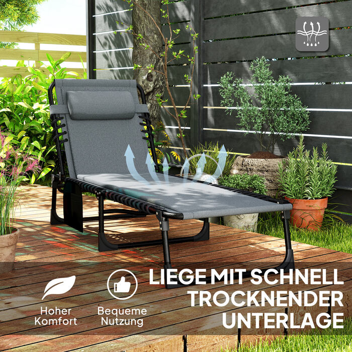 Складний садовий шезлонг Outsunny Sun Lounger з бічною сумкою-подушкою, м'який шезлонг з регульованою спинкою в 5 напрямках, стійкий до погодних умов шезлонг з навантаженням до 120 кг, для садового пляжу темно-сірий