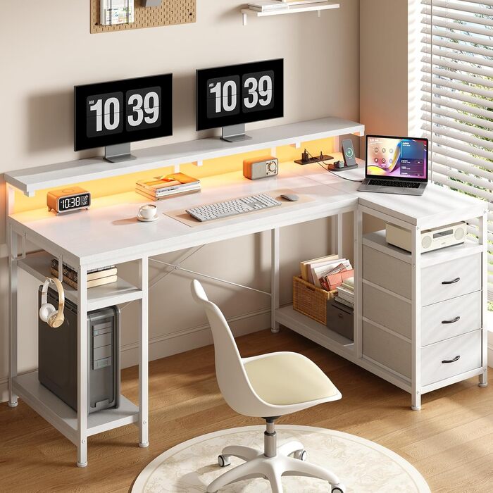 Ігровий стіл L-подібний з LED, 3 шухлядами, USB-зарядкою та розеткою 140x80 см, білий - для дому та геймінгу