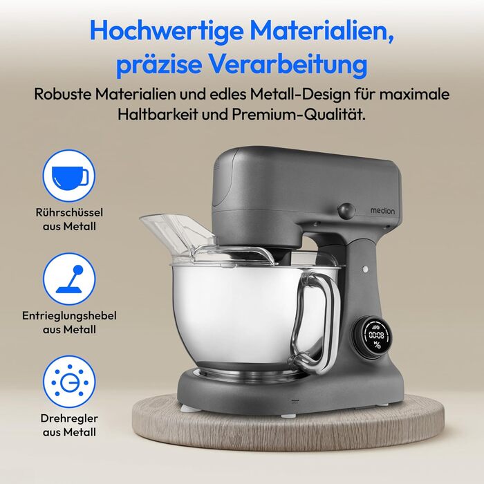 Кухонна машина MEDION MD 12600 Titan: м'ясорубка, 4.6 л чаша з нержавіючої сталі, 800 Вт, тихий двигун, сенсорне дисплею