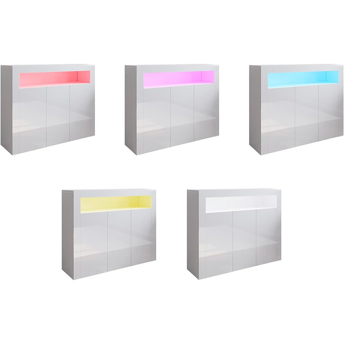 Комод SUNXURY з LED підсвіткою, білий глянець, для вітальні, кухні чи спальні, 90x35x83 см
