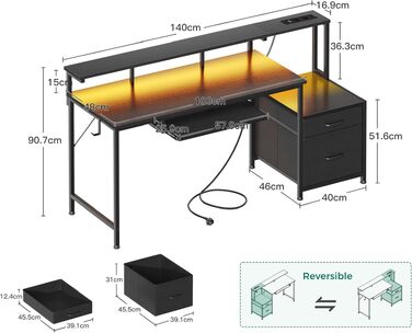 Ігровий стіл Coleshome з LED підсвіткою 140x48 см, з ящиками, 2 розетками та 2 USB портами, з підставкою для монітора, чорний