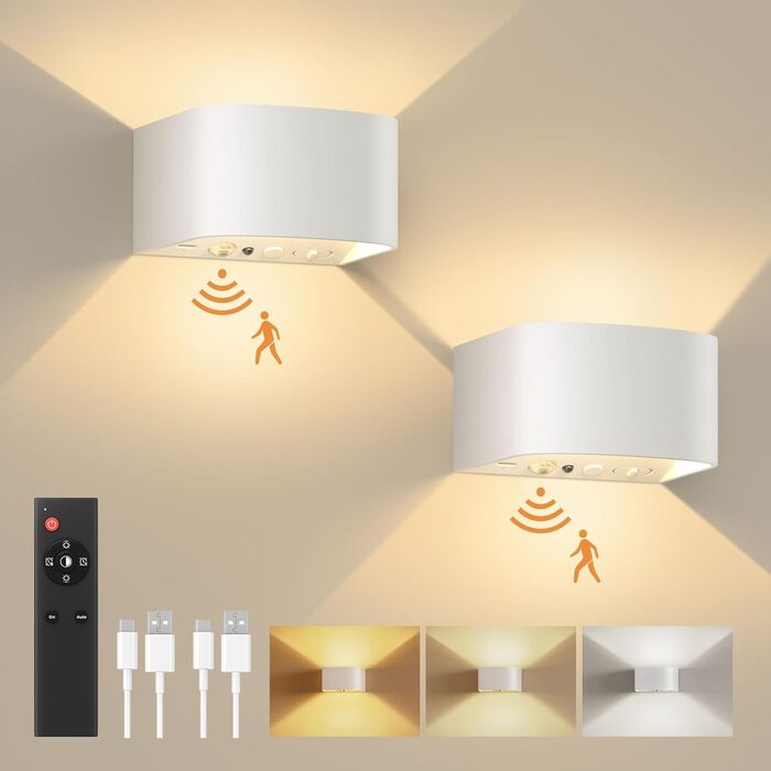FULEN LED настінний світильник з акумулятором, датчиком руху, 3 кольори, 3 режими, бездротовий, з пультом, для спальні, вітальні, сходів, білий, 2 шт.