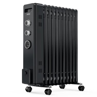 Масляний радіатор VonHaus 2500W, електричний обігрівач з термостатом, 3 режимами потужності, таймером на 24г та 11 секціями (Чорний)