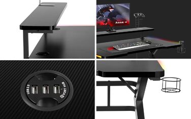 Ігровий стіл Huzaro Hero 5.0 RGB з LED-підсвіткою, моніторною підставкою, гачком для навушників і тримачем для напоїв, карбонова стільниця 120x60 см, чорний