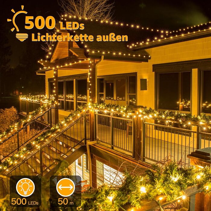 Світлодіодна гірлянда Ollny 50м, 500 LED ліхтарів, водонепроникна IP44 для вулиці та дому з вилкою