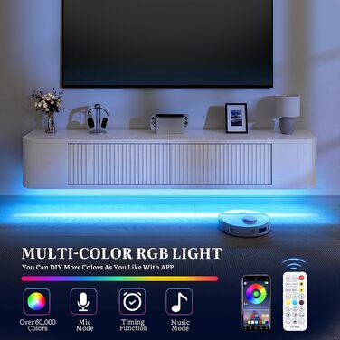 Підвісна тумба під телевізор YITAHOME 140 см з RGB підсвіткою, біла. Настінна поличка для ТБ з великим об'ємом для вітальні та спальні