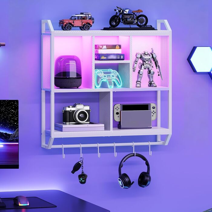 HOOBRO Настінна полиця з LED підсвіткою, плаваюча полиця-органайзер з 4 рівнями, 6 гачками для ігор, кухні, кафе - біла