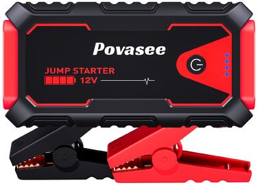Пусковий пристрій (бустер) Povasee Starthilfe Powerbank 5000A для авто 12V, LCD-дисплей, USB-порти, для бензинових та дизельних двигунів до 10л, червоний