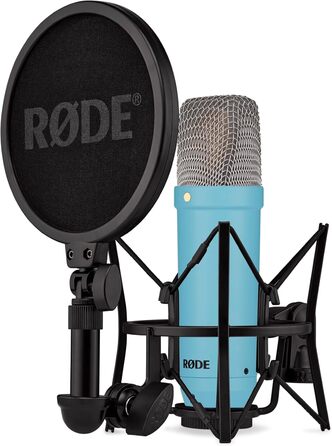 Студійний конденсаторний мікрофон RØDE NT1 Signature Series з великою діафрагмою, шок-маунтом, поп-фільтром і XLR-кабелем для музики, вокалу, стрімінгу та подкастингу, синій