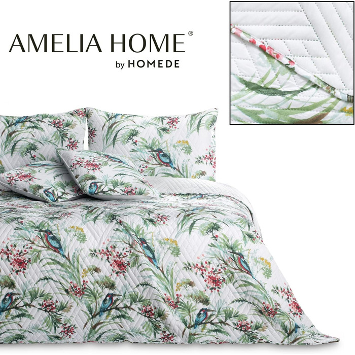 Покривало AmeliaHome 260x280 см, двостороннє, легке у догляді, стьобане, з рослинним і пташиним візерунком, багатобарвне, Kingsfisher