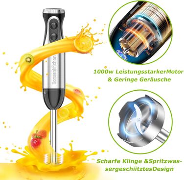 Блендер занурювальний Bonsenkitchen HB3203 4-в-1, 1000 Вт, нержавіюча сталь, з насадкою-мініподрібнювачем 500 мл та мірним стаканом 700 мл для дитячого харчування, чорний