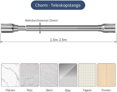 Телескопічний душовий карниз SLIM, хром, 150-250 см, без свердління