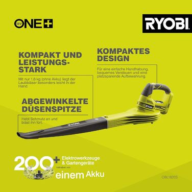 Акумуляторний повітродув RYOBI ONE+ OBL1820S 18V (245 км/год, 2.6 м³/хв) без акумулятора та зарядного пристрою
