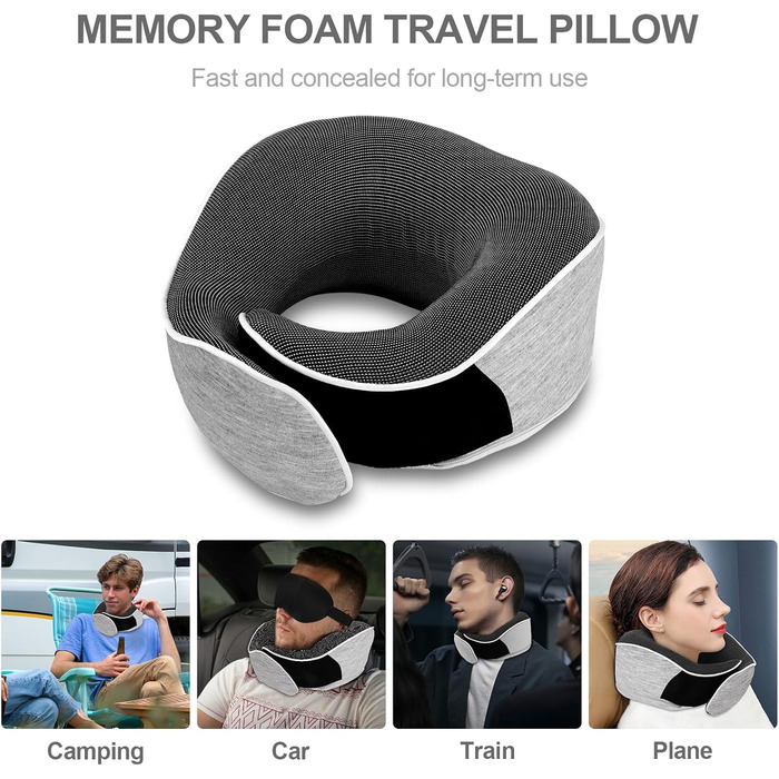 Ергономічна подушка для шиї Collazoey з ефектом пам'яті (Memory Foam) для подорожей, набір з маскою для сну, берушами та сумкою для зберігання, світло-сіра