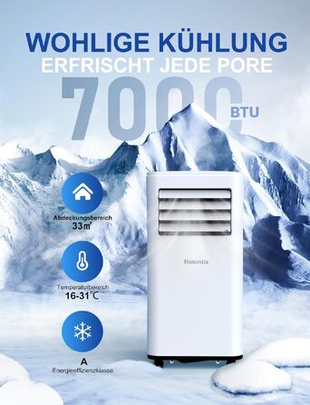 Мобільний кондиціонер 9000 BTU 4-в-1: охолодження, осушення, вентиляція, таймер 24 год, для приміщень до 33 м² (білий)