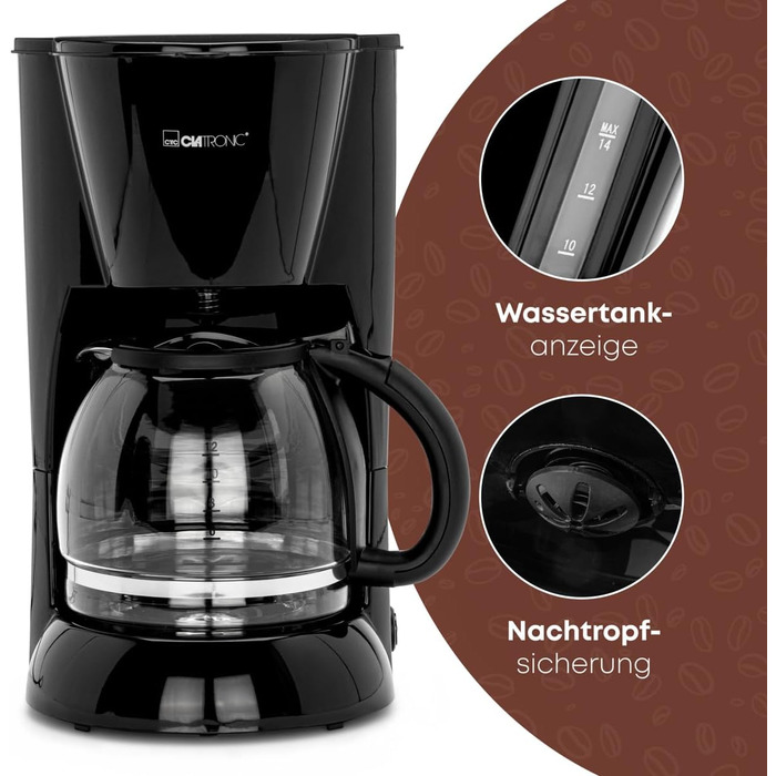 Кавоварка Clatronic KA 3473 чорна, 1,5 л, на 12-14 чашок, фільтр, захист від крапель, 900 Вт