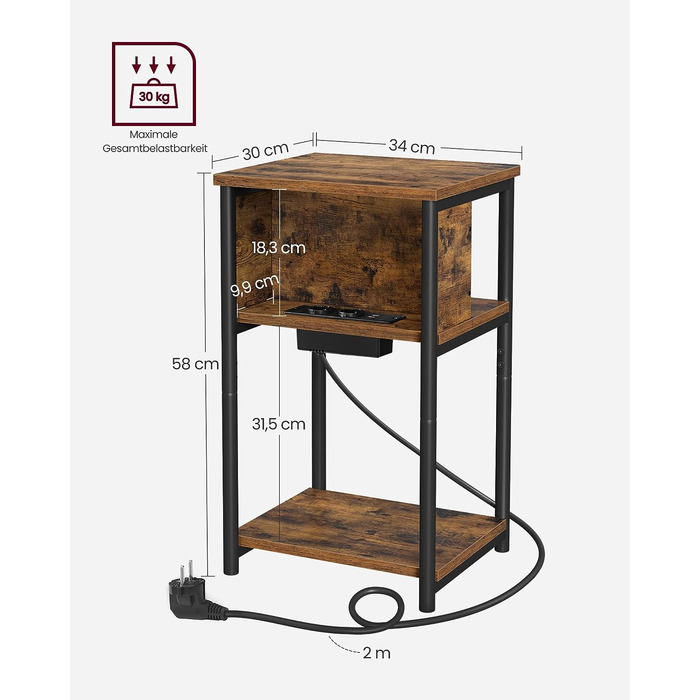 VASAGLE приліжковий столик з розетками та USB, вузький, 30x34x58 см, горіхово-коричневий/чорний, для вітальні і спальні