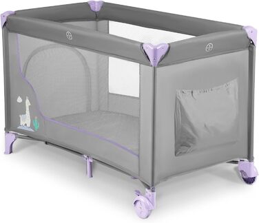Дитяче ліжечко-манеж Ricokids, складане, 125x65x78 см, 15 кг, з матрацом і колесами, бічний вхід, світло-сірий та лавандовий