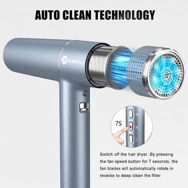 Фен для волосся slopehill з безщітковим двигуном, 2000W, Oxy Active Technology, LED-дисплеєм та мікрофільтром, ультралегкий (268г), синій