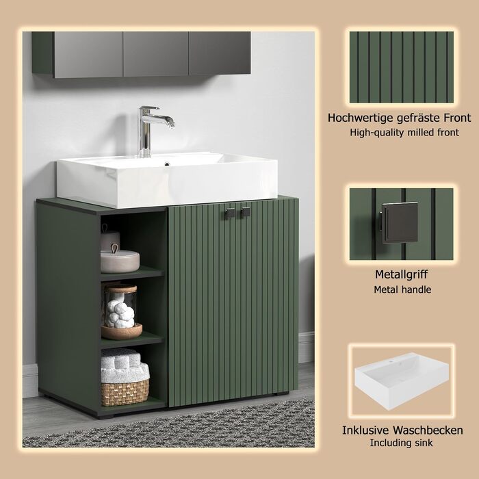 Тумба під раковину на колесах PureBliss від trendteam smart living, 80x64x42 см, зелена — з 2 відкритими полицями, стійка до подряпин, металеві ручки