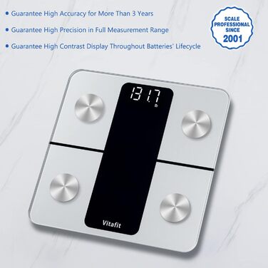 Ваги для аналізу складу тіла Vitafit з Bluetooth і додатком, вимірювання жиру, м'язової маси, ІМТ, білка, BMR, срібні