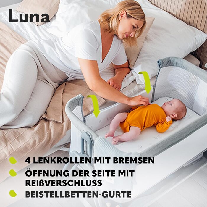 Дитяче ліжечко-колиска Lionelo Luna EIN з матрацом, переносне, регульоване по висоті та нахилу, 4 колеса з гальмами, для новонароджених до 9 кг, кріплення до ліжка батьків, бежеве